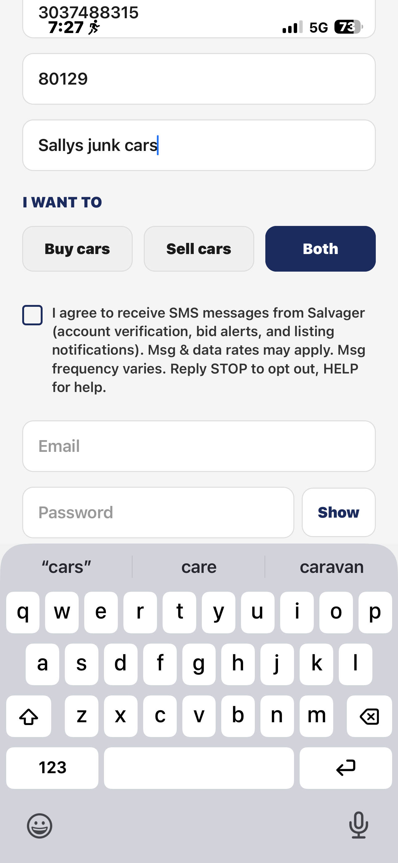 iOS signup screen — SMS checkbox unchecked by default