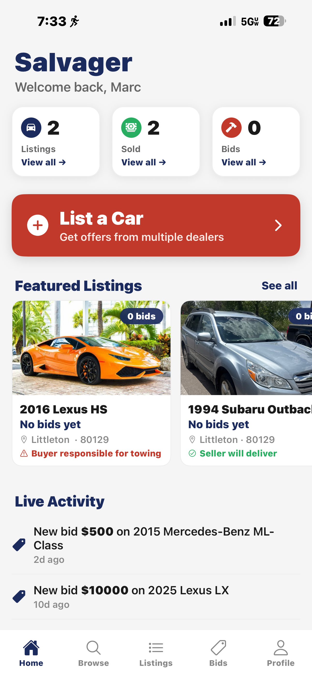 iOS app dashboard — Featured Listings and Live Activity